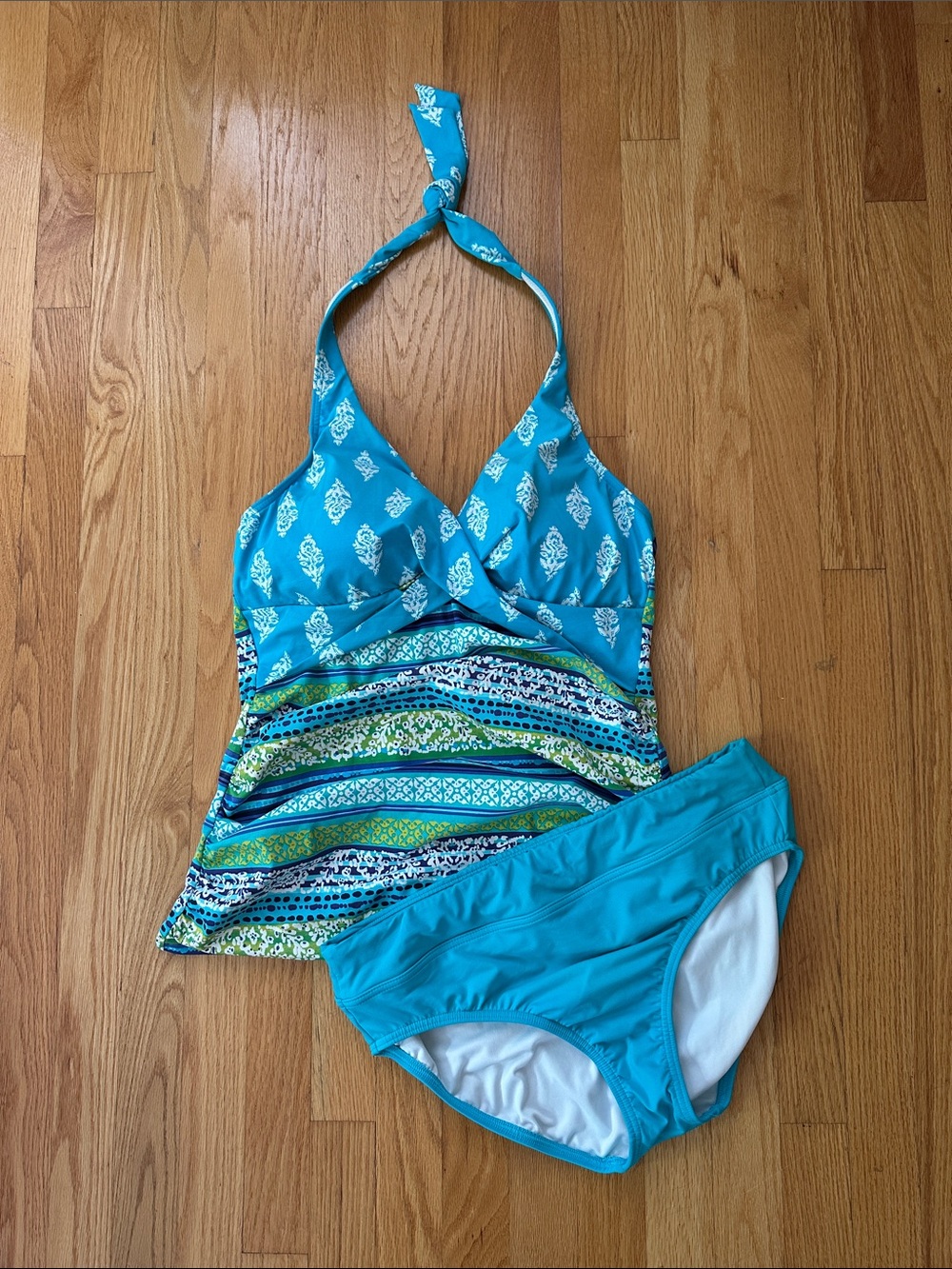 Lands' End Teal halter tankini, top and bottoms
